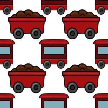 Kahverengi kömür taşıyan kırmızı oyuncak tren vagonlarının kusursuz vektör şablonu, boş yolcu vagonlarıyla dönüşümlü olarak, neşeli ve büyüleyici bir Noel temalı dizayn yaratıyor..