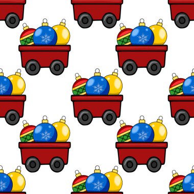 Neşeli kırmızı oyuncak arabaların kusursuz vektör deseni renkli Noel mücevherleriyle dolu, bayram ambalaj kağıdı veya mevsimlik dekorasyonlar için ideal şenlikli ve eğlenceli bir tasarım yaratıyor..
