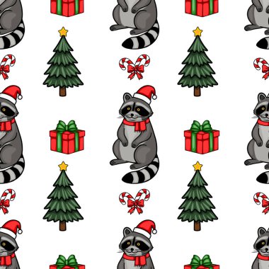 Noel Baba şapkaları ve eşarpları takan rakunların yanı sıra Noel ağaçları, hediyeler ve şeker kamışları büyüleyici bir şenlik tasarımı yaratıyor..