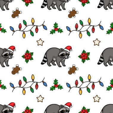 Noel Baba şapkalı rakunlar, şenlikli ışıklar, zencefilli kurabiyeler, puantiyeler ve kutsal bayram ambalaj kağıdı veya şenlikli tasarımlar içeren kusursuz bir Noel deseni..