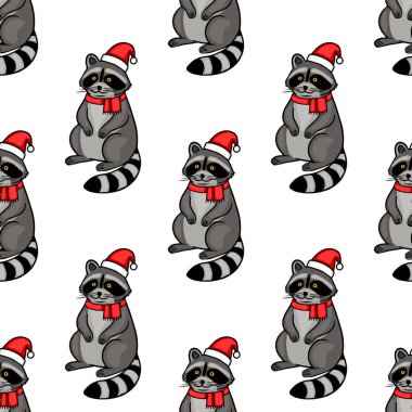Noel Baba şapkaları ve kırmızı eşarplar takan sevimli rakunları içeren kusursuz bir vektör deseni var. Şenlikli kış tasarımları için mükemmel..