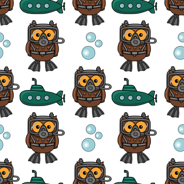 Seamless vector pattern featuring adorable scuba diving owls and mini submarines, creating a playful underwater adventure scene with teal and brown color palette.