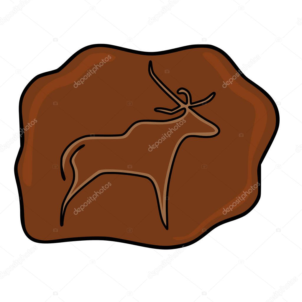 A vector illustration of a prehistoric cave painting depicting a deer on a brown, irregularly shaped rock, showcasing a simplistic yet evocative style.