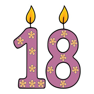 Mor arka planda şirin turuncu çiçeklerle süslenmiş 18 doğum günü mumunun vektör çizimi, davetiyeler veya şenlik tasarımları için mükemmel..
