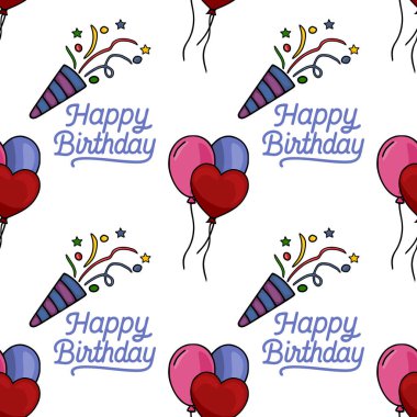 Elle çizilmiş doğum günü unsurları içeren kusursuz vektör deseni balonlar kalp şeklinde ve yuvarlak formlar, parti patlayıcıları ve neşeli bir Mutlu Yıllar senaryosu..
