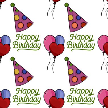 Garip parti şapkaları, kalp şeklinde balonlar ve neşeli, el çizimi bir tarzla Mutlu Yıllar cümlesini içeren kusursuz bir vektör deseni var. Festival kutlamaları için mükemmel..