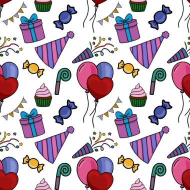 Elle çizilmiş doğum günü unsurları, renkli balonlar, hediyeler, şekerler, kapkekler, parti şapkaları ve konfetileri içeren kusursuz bir vektör deseni. Kutlamalar için mükemmel, neşeli ve şenlikli bir tasarım..