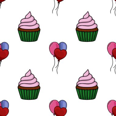 Beyaz arka planda pembe, mavi ve kırmızı kalp şeklinde balonlar içeren sevimli kapkekler içeren kusursuz bir vektör deseni var. Festival tasarımları için ideal..