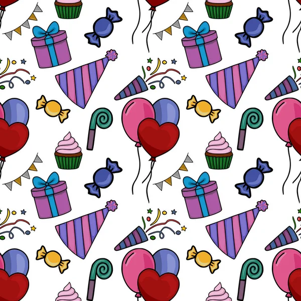 Elle çizilmiş doğum günü unsurları, renkli balonlar, hediyeler, şekerler, kapkekler, parti şapkaları ve konfetileri içeren kusursuz bir vektör deseni. Kutlamalar için mükemmel, neşeli ve şenlikli bir tasarım..