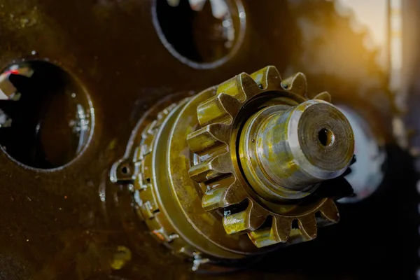 Close up internal engine gear tractor. Engine walking tractor.