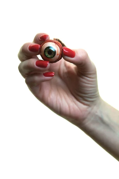 Female Fingers Beautiful Red Manicure Hold Torn Eye Thriller — Stock Photo, Image