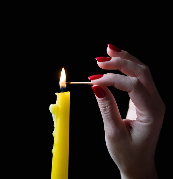 Graceful Female Hand Beautiful Manicure Lights Candle Close — Stock Photo, Image