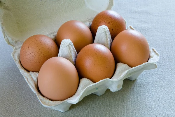 Kahverengi tavuk yumurtası kutusunda vardır. Gıda.
