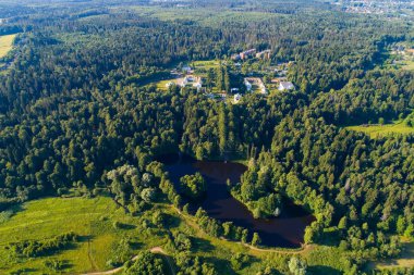 Bir yaz sabahı iki ada bir gölet. Hava fotoğrafçılığı.