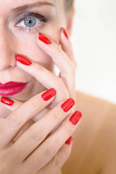 Beautiful Young Woman Touching Her Face Her Fingers Makeup Manicure — Stock Photo, Image