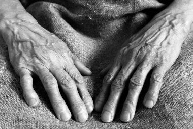 Yaşlı bir kadın buruşuk çalışma elleri. Gövde bölümü.