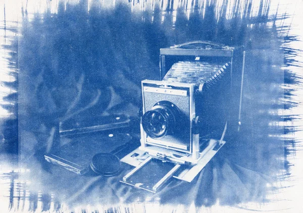 Стара Фотокамера Великого Формату Касети Неї Сканування Ціанотипу Акварельному Папері — стокове фото