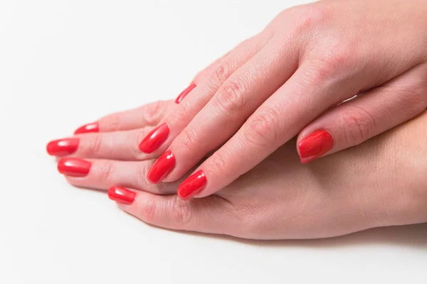 Nails Beautiful Female Fingers Covered Red Varnish Manicure Closeup — Stock Photo, Image