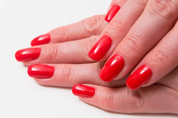 Nails Beautiful Female Fingers Covered Red Varnish Manicure Closeup — Stock Photo, Image