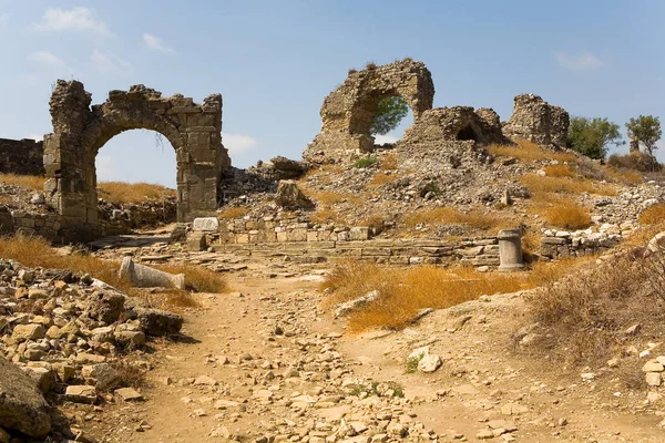 Ruiny Kamenné Budovy Starověkého Města Aspendos Turecko — Stock fotografie