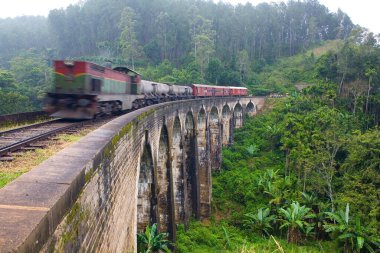 Eski tren dokuz kemerli köprüden geçer. Hareket bulanıklığı.