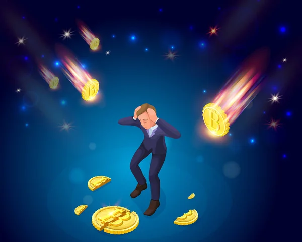 Empresário com bitcoin caído, 3d ilustração vetor isométrico com o homem e símbolo criptomoeda, conceito de crise financeira, falha de dinheiro — Vetor de Stock