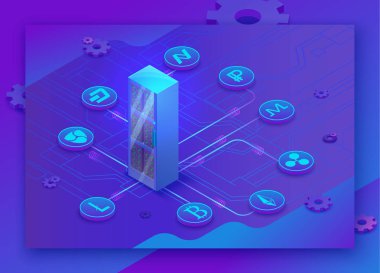 Cryptocurrency izometrik 3d açılış sayfası sunucu ve dijital para simgeleri, blockchain technolodgy ve sanal ödeme kavramı, vektör çizim