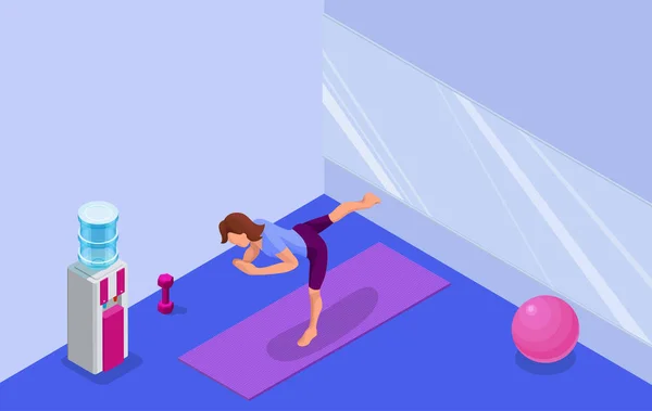 Estúdio de ioga interior com mulher fazendo exercício de aptidão física, ilustração vetorial 3D isométrica com treinamento esportivo, relaxamento e meditação — Vetor de Stock