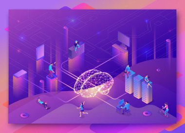 Yapay zeka kavramı ile elektrikli beyin, insanlar, neural ağ, smartphone, dizüstü, mobil gadget, modern veri depolama afiş, sayfa arka planı açılış ile izometrik 3d çizim