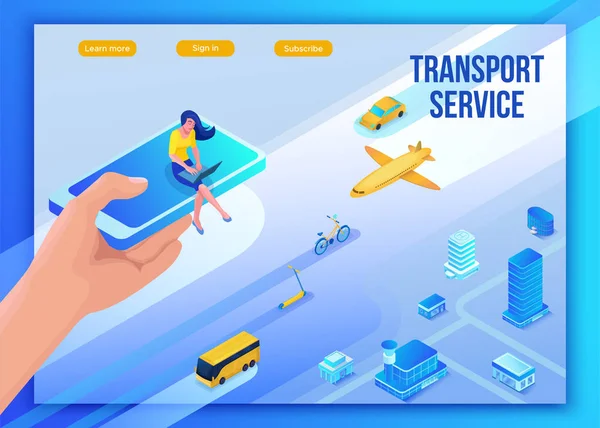 Mobiele vervoer onlineservice landing paginasjabloon, reizen boeken app concept met 3d isometrisch vector plat pictogrammen van smartphone met vliegtuig, bus, elektrische scooter, meisje zoeken op internet — Stockvector