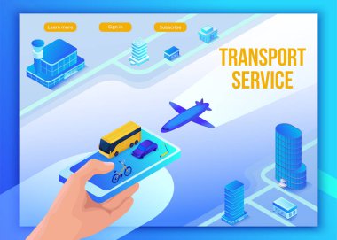 Smartphone seyahat online hizmet, telefon ulaşım açılış sayfası şablonu, app kavramı ile 3d izometrik vektör düz simgeleri, uçak, otobüs, elektrikli scooter, rezervasyon internet arama insanlar