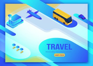Smartphone seyahat online hizmet, telefon ulaşım açılış sayfası şablonu, app kavramı ile 3d izometrik vektör düz simgeleri, uçak, otobüs, elektrikli scooter, rezervasyon internet arama insanlar