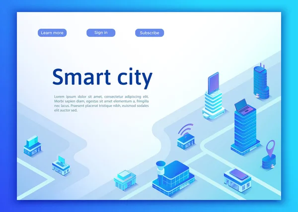 Concepto de ciudad isométrica inteligente, servicio de transporte en línea — Vector de stock