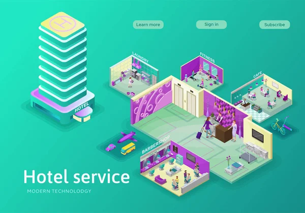 Hotel internet landing page plantilla con ícono plano isométrico de — Vector de stock