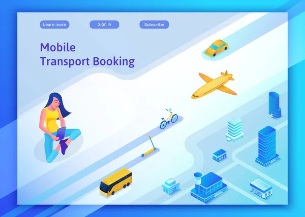 Mobiele vervoer onlineservice landing paginasjabloon, reizen boeken app concept met 3d isometrisch vector plat pictogrammen van smartphone met vliegtuig, bus, elektrische scooter, meisje zoeken op internet — Stockvector