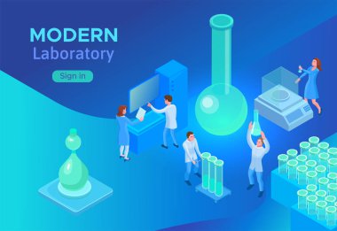 İzometrik laboratuvar kavramı, sayfa şablonu 3d eş ile açılış