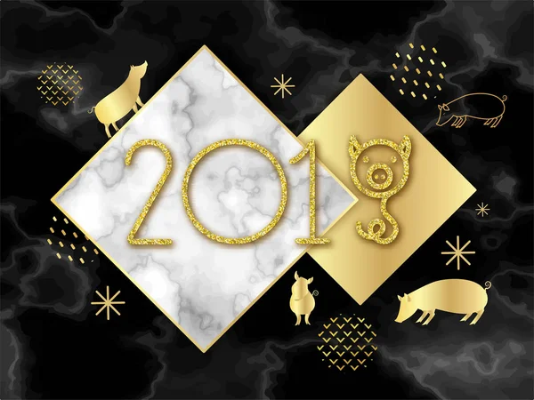 2019 chino nuevo año de concepto de cerdo con silueta de vector de oro, brillo, textura de lámina, plantilla para el calendario, cartel, pancarta, tarjeta de felicitación — Vector de stock