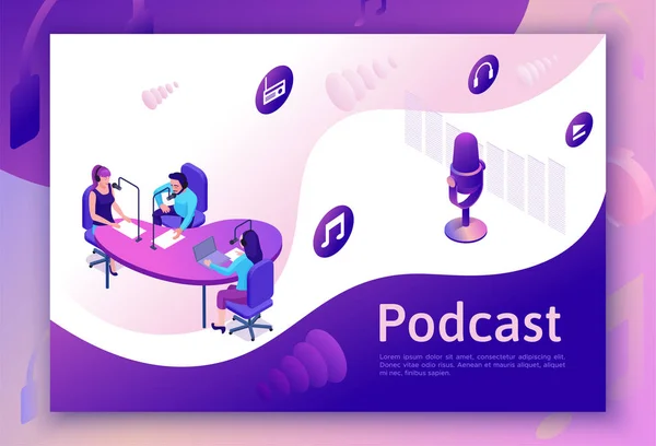 Podcast isométrico 3d ilustração, show de rádio de música moderna ou conceito de blog de áudio, modelo de página de destino vetorial com pessoas, microfone, estúdio de som interior em cor violeta —  Vetores de Stock