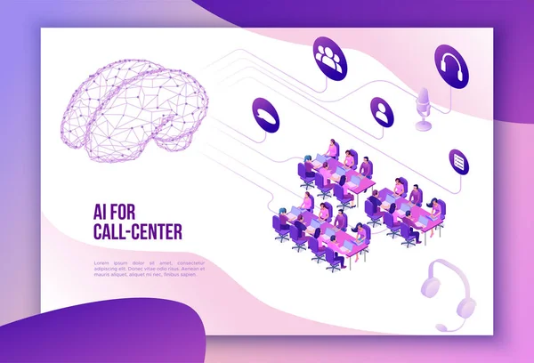 Izometryczne call center 3d ilustracji wektorowych, sztuczna inteligencja zarządza działem, Strona docelowa obsługa urządzeń przenośnych, operatora z słuchawek, koncepcja centrum kontaktowego — Wektor stockowy