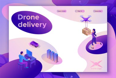 Sayfa şablonu quadcopter, kavram, özerk fotoğraf ve video yenilik technolodgy, 3d izometrik Infographic düz vektör çizim ile açılış kişilere teslim parsel robot