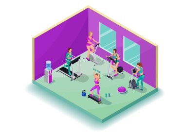 İzometrik 3d çizim fitness kardiyo egzersiz ile eliptik makinesi, Step, Bisiklet, spor infographics için iyi çalışan kızlar