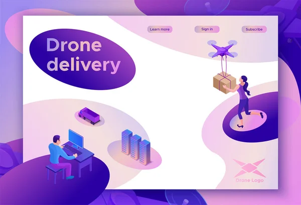 Drone leveren perceel aan mensen, die van de paginasjabloon met quadcopter, concept van levering, autonome foto en video innovatie technolodgy, 3d isometrische infographic platte vectorillustratie — Stockvector