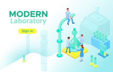 İzometrik laboratuvar kavramı, sayfa şablonu 3d ekipmanlı, deney ve araştırma, modern ilaç Laboratuvar vektör çizim yapıyor bilim adamları açılış