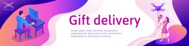 Romantik Çift, özerk uçak, helikopter teslim çiçekler, 3d izometrik vektör çizim insanlar ve modern technolodgy cihaz tarafından kıza hediye gönderme adam ile hediye teslimat banner