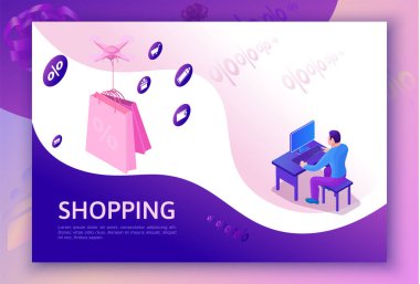 Satılık izometrik tasarım, uçak teslim parsel, e-ticaret indirim kampanya, hediye, satın alma adamla menekşe arka plan ile 3d vektör çizim açılış sayfası alışveriş için online teklif kavramı