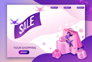 Poster, izometrik Satılık tasarım, e-ticaret indirim kampanyası, siber Pazartesi veya siyah Cuma açılış sayfası şablonu, 3B vektör çizim insanlarla online teklif kavramı ile uçan uçak 