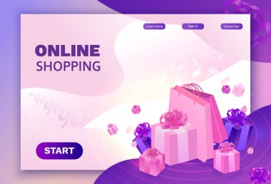 E-ticaret izometrik Satılık tasarım, online teklif kavramı indirim kampanyası, siber Pazartesi veya siyah Cuma açılış sayfası şablonu, menekşe kutusuyla 3d vektör çizim için satın alma hediyeler insanlar