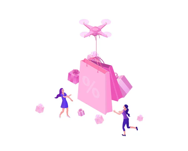 Drone dostarczający różowe pudełko, pakiet z kokardą oraz szczęśliwy dziewczyna, izometryczny sprzedaż design, koncepcja oferty online dla e-commerce rabatu kampanii, lądowania szablon strony, 3d wektor ilustracja z ludźmi — Wektor stockowy