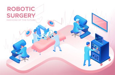 Robotik cerrahi operasyon, akıllı cerrahi robot teknolojisi, izometrik 3d AI ve tıbbi tedavi, sağlık hizmetlerinde yapay zeka robot illüstrasyon vektör