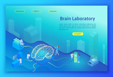 Yapay zeka Laboratuvarı izometrik kavramı sayfa şablonu 3d ekipmanlı, deney yapıyor bilim adamları açılış, illüstrasyon vektör sağlık kavram AI ve araştırma ile